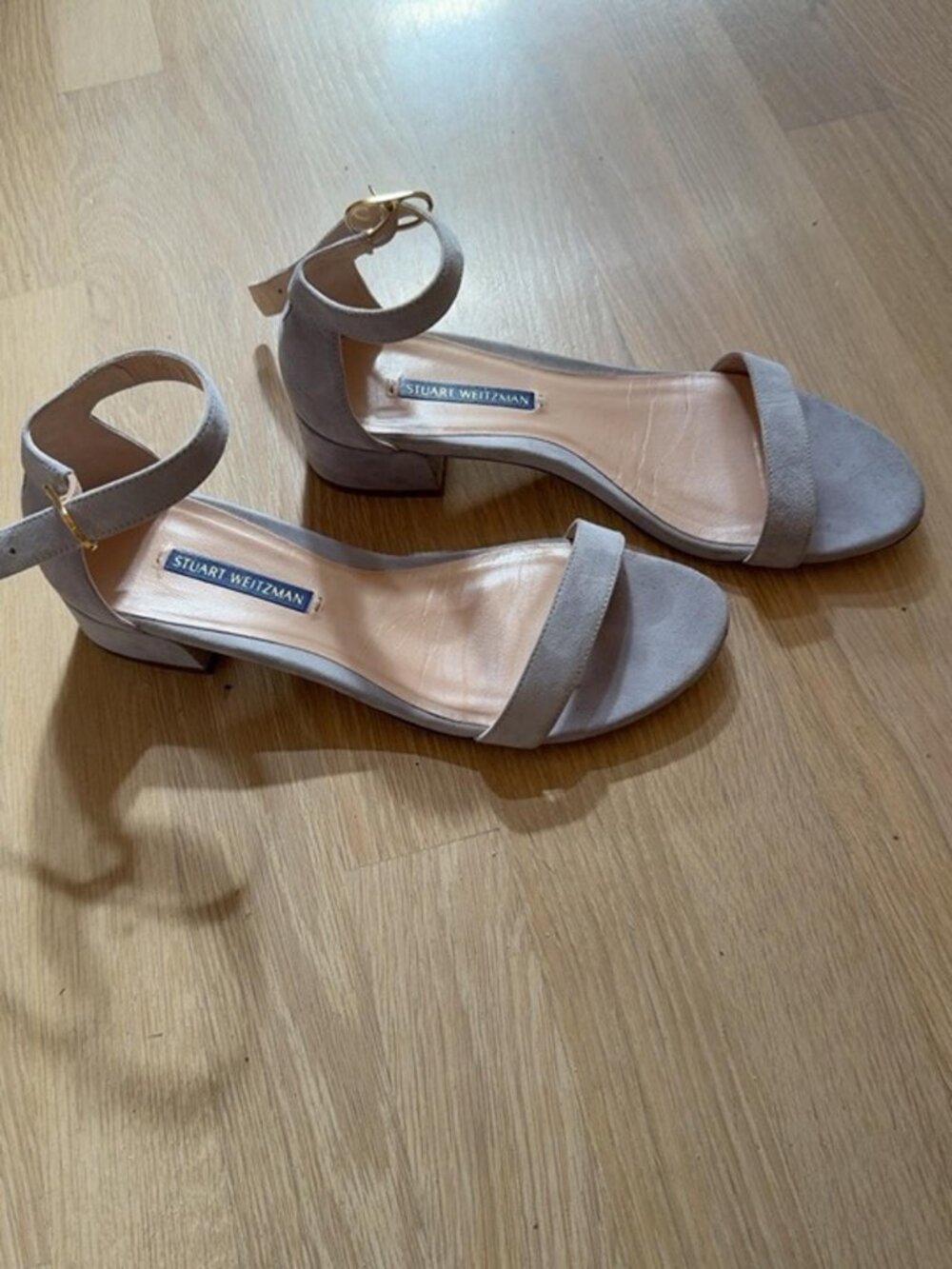 Stuart Weitzman Gray Suede Ankle Strap Block Heel Sandals Size 7.5